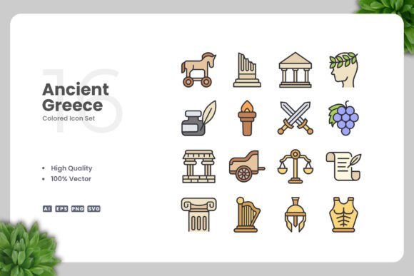 Ancient Greece Colored Icons: A Versatile Graphic Design Asset for Digital Sellers