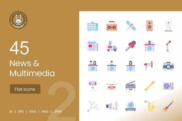 News Multimedia Flat Multicolor Icons: A Graphic Design Asset for Modern Visual Projects