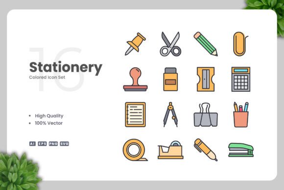 Stationery Colored Icons: A Versatile Graphic Design Asset for Local Business Branding
